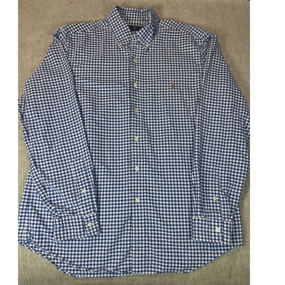 Ralph Lauren Mens Blue White Gingham Button Down Shirt Large Long Sleeve Cotton